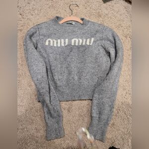 Miu Miu Heather Gray Cropped Logo Knit Sweater
